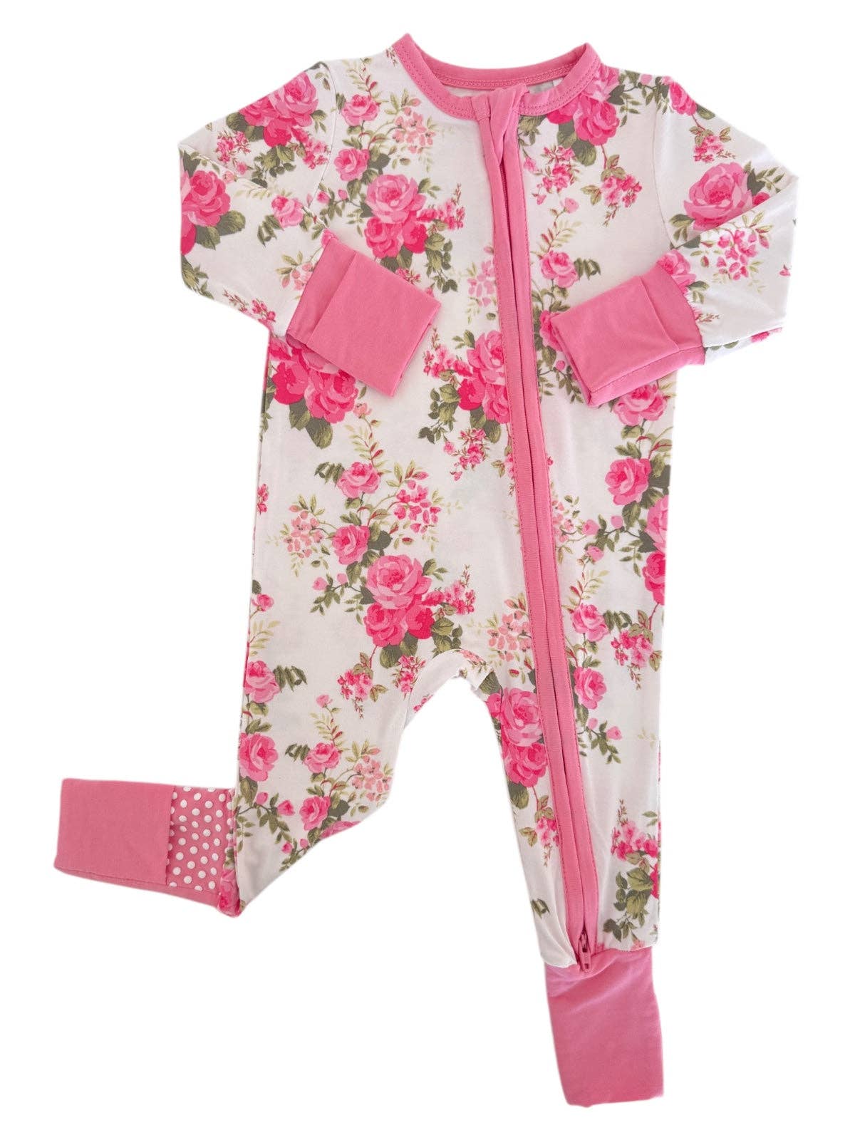 Floral baby onesie with pink accents on a white background