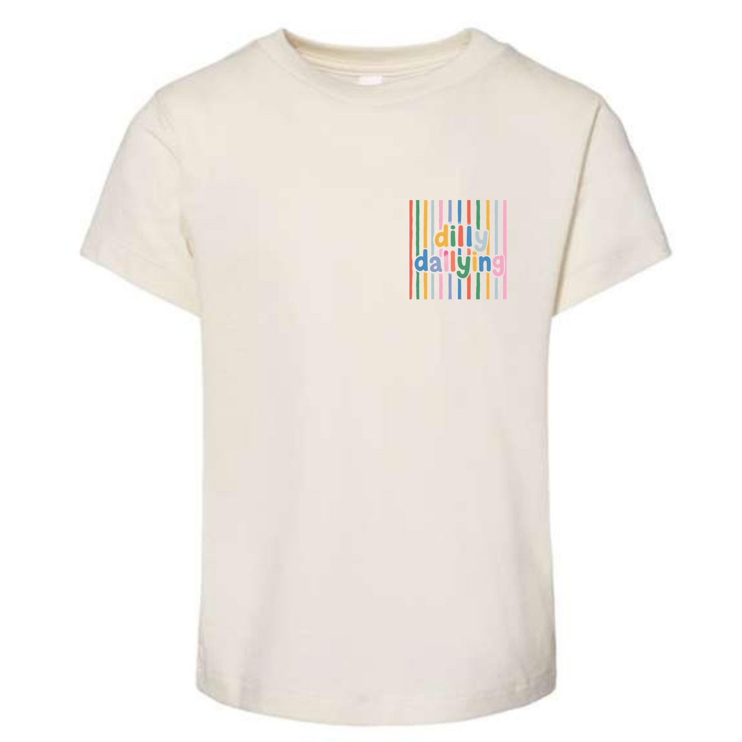 White t-shirt with colorful text design on a white background
