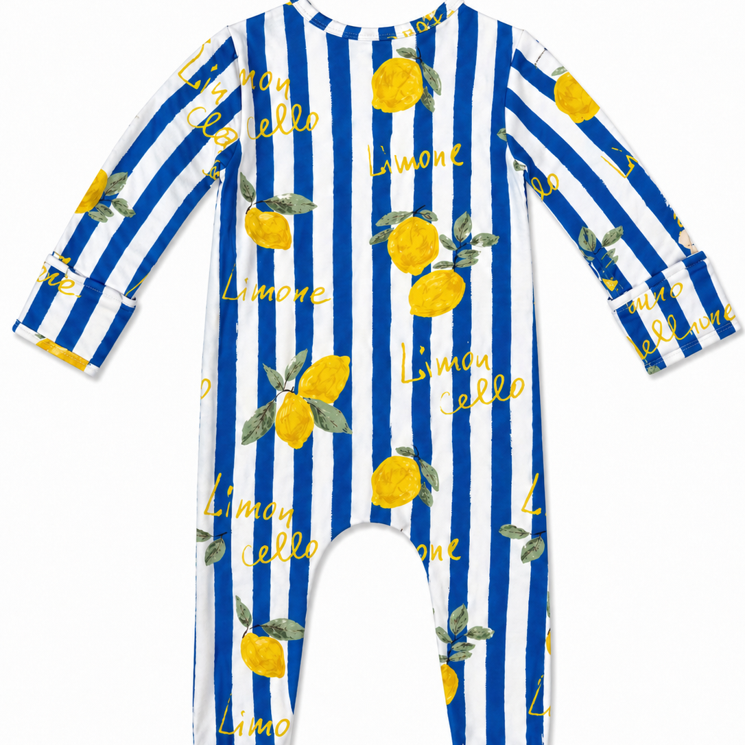 Blue and white striped baby onesie with lemon design and 'Lime' text on a white background