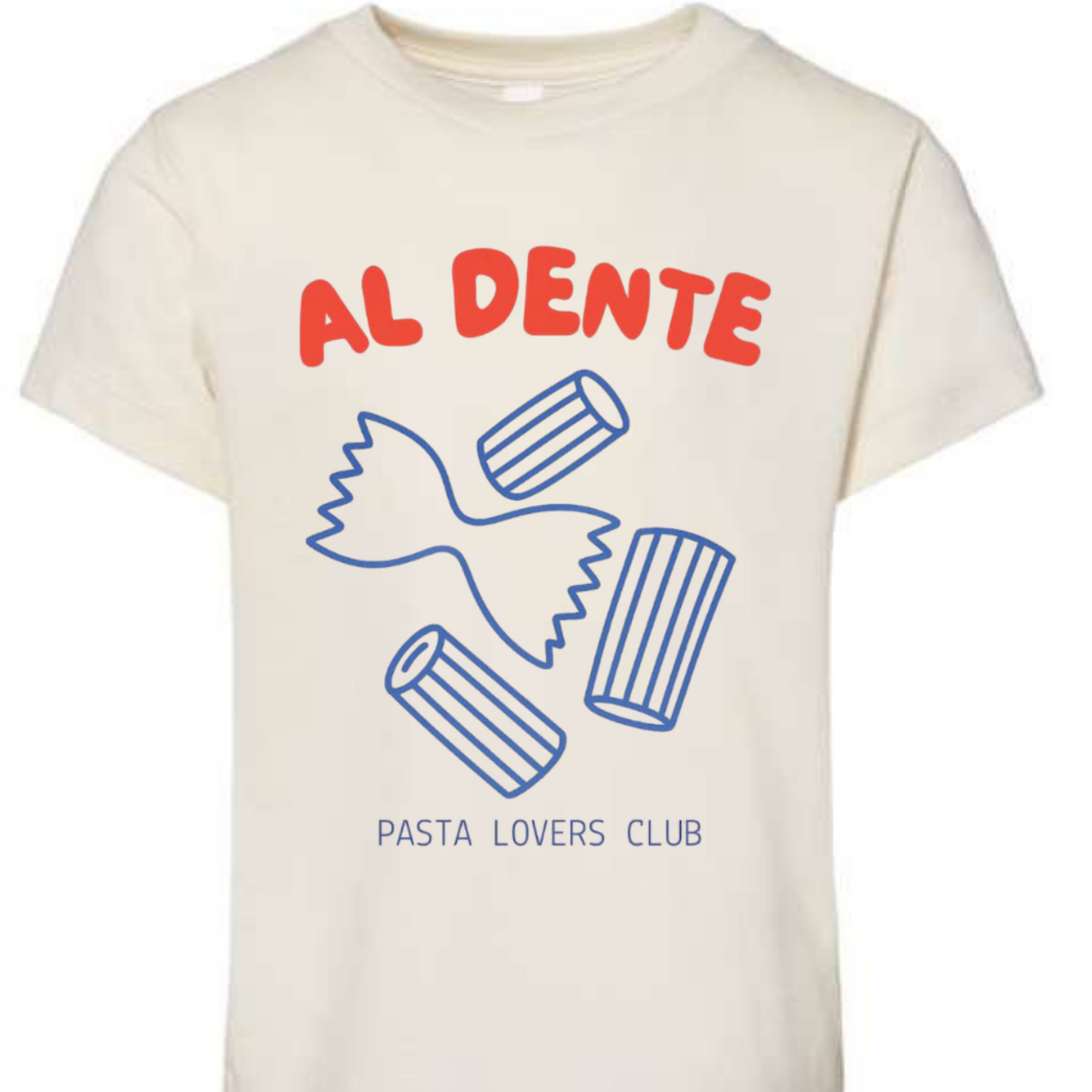 White t-shirt with 'Al Dente Pasta Lovers Club' design on a white background