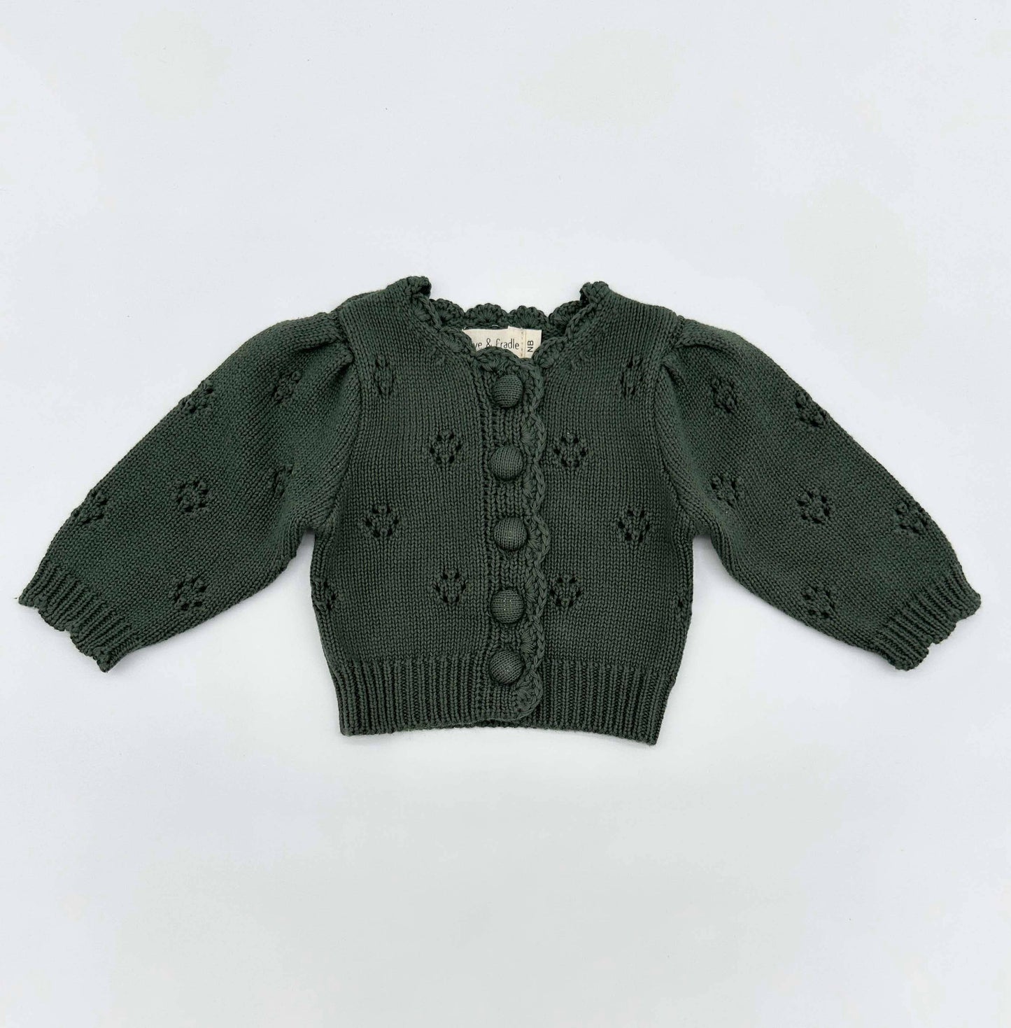 Green knitted cardigan with button details on a white background