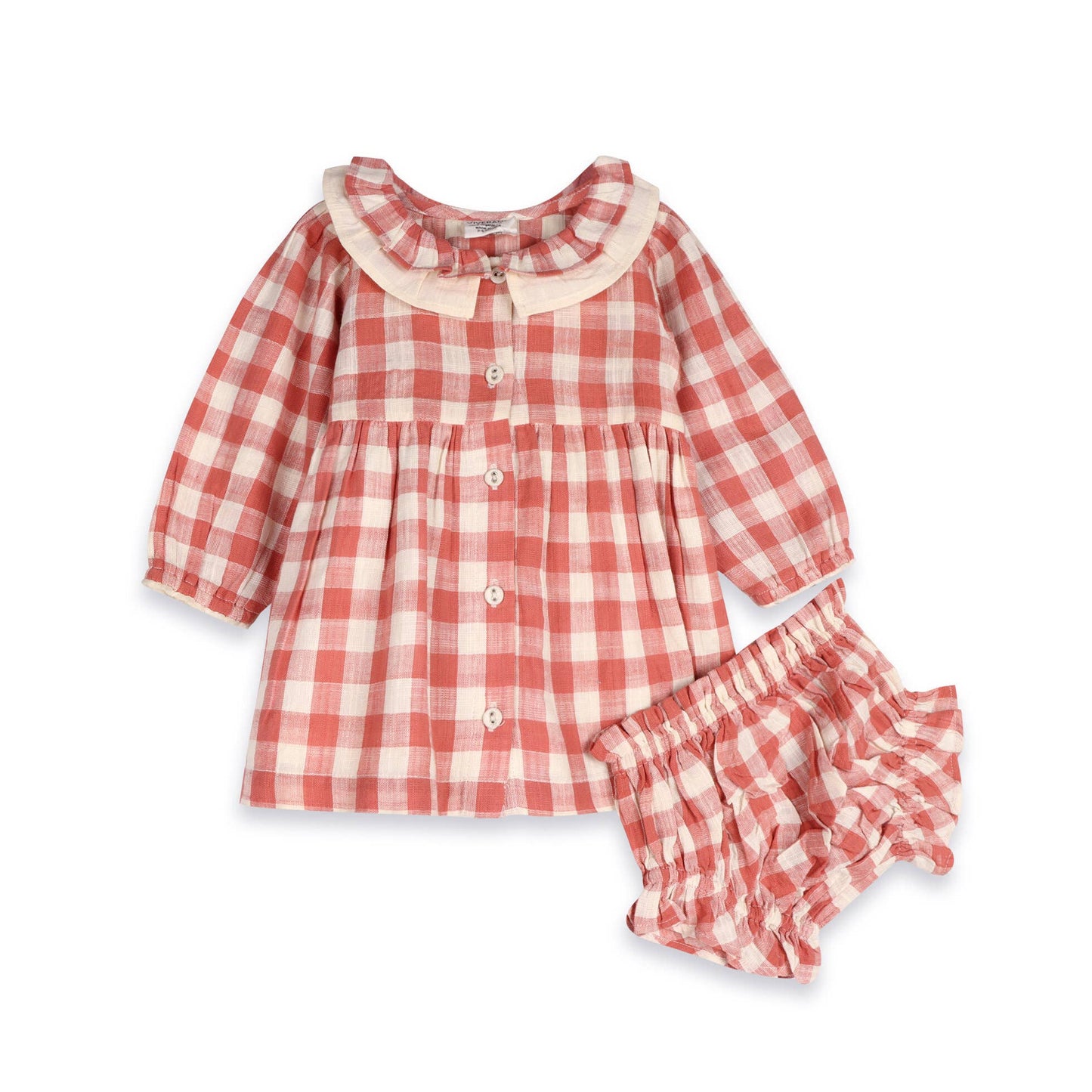 Red and white checkered dress with matching bloomers on a white background