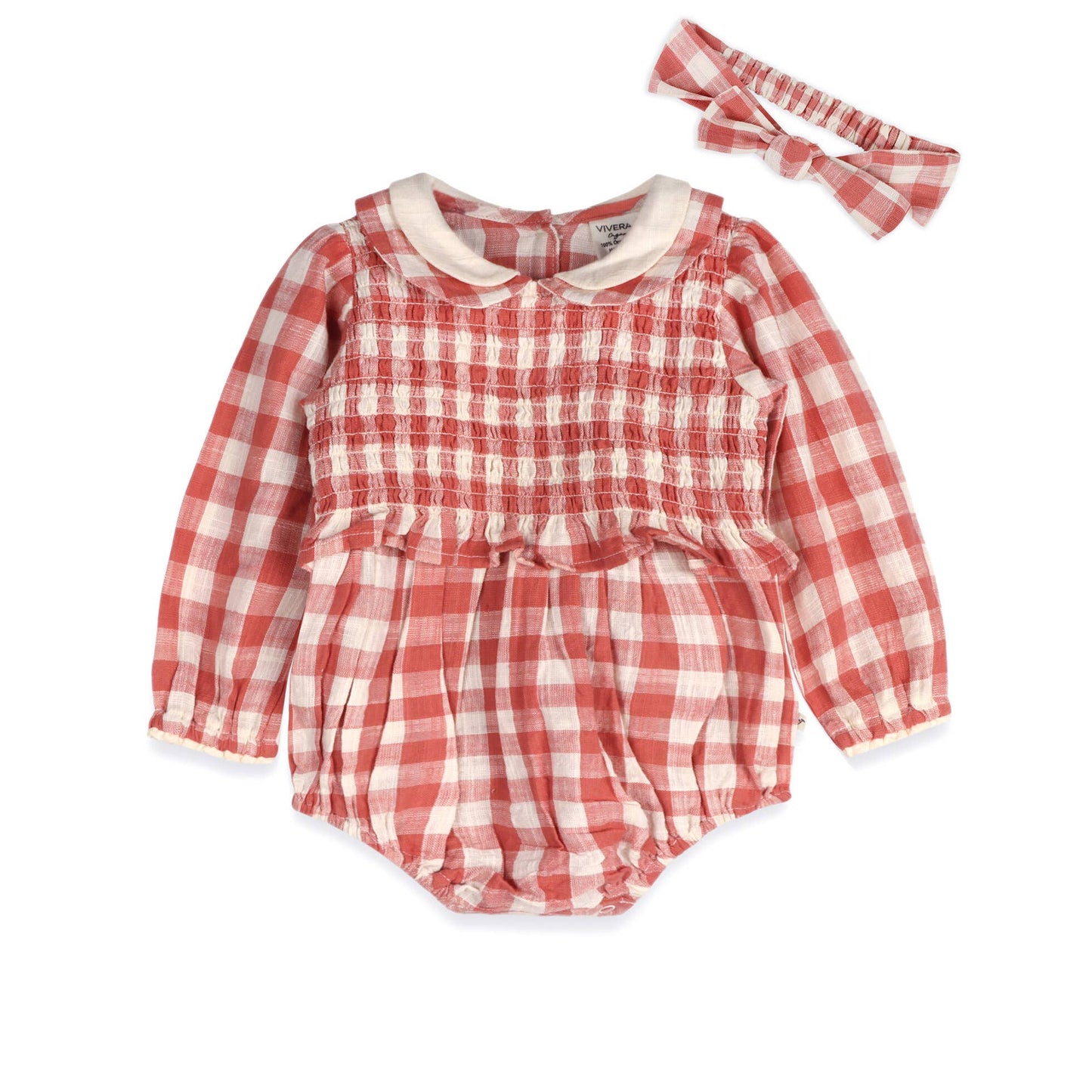Red and white checkered baby romper with matching headband on a white background