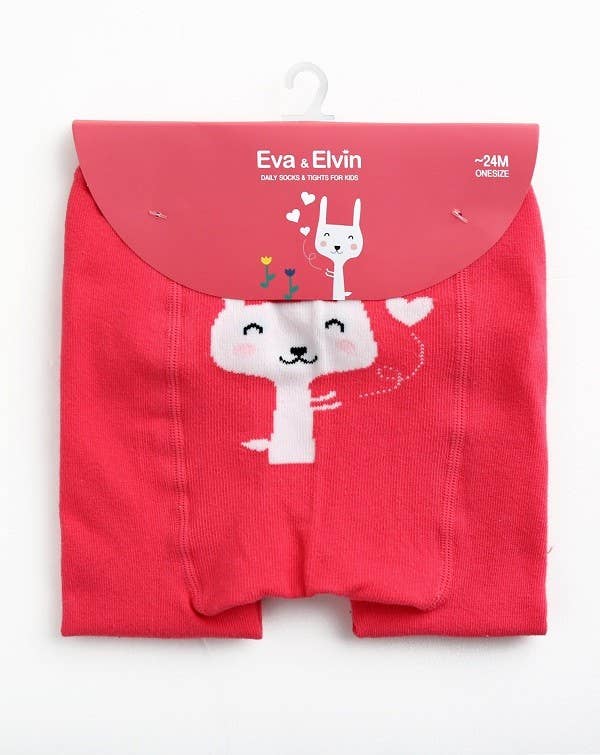 Red baby leggings with a white cat design and 'Eva & Elvin' branding on a white background