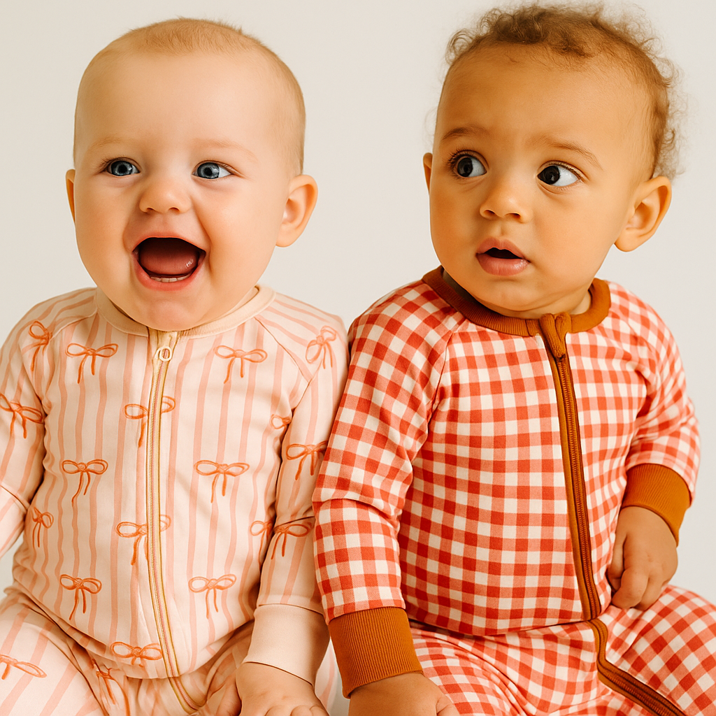 Two babies wearing colorful pajamas sitting side by side against a plain background.