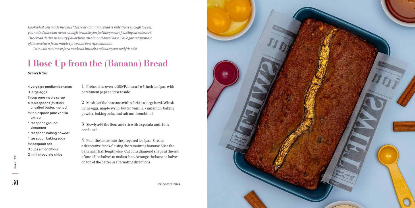 Loaf of banana bread on a newspaper with ingredients around, next to recipe text.