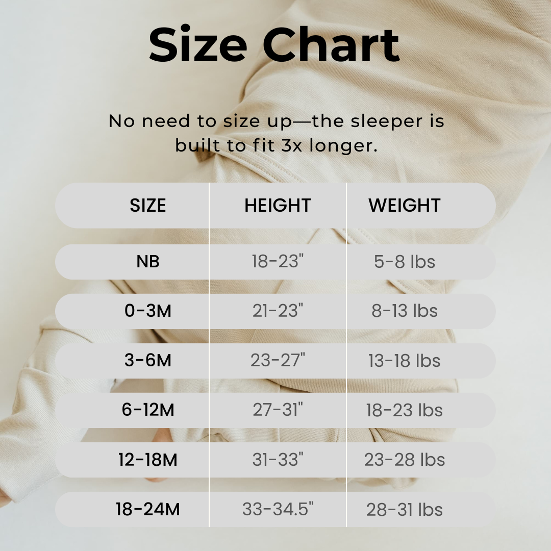 Size chart for a sleeper with height and weight ranges.