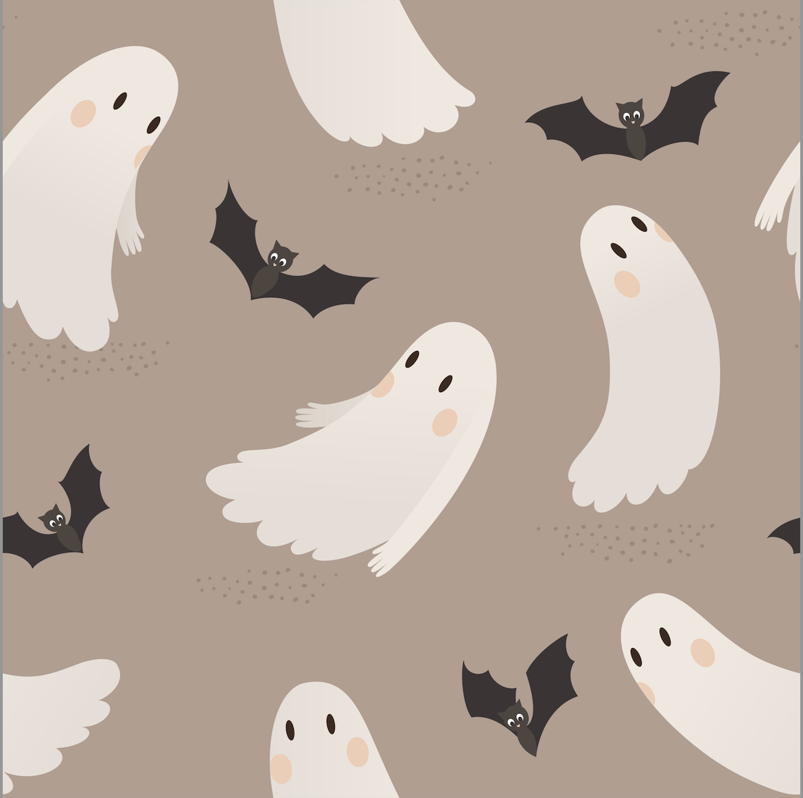 A repeating Halloween pattern featuring cute white cartoon ghosts and small black bats on a warm taupe background.