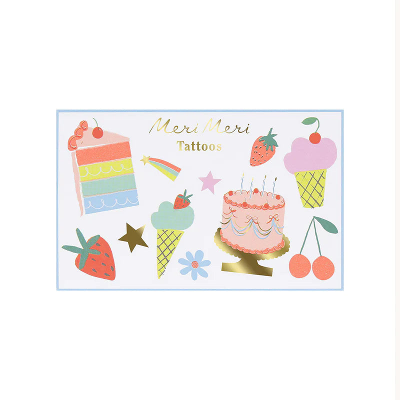 Pack of tattoos with cake, ice cream, and strawberry designs on a white background