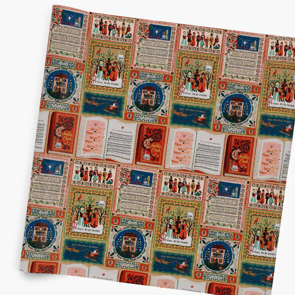 Decorative paper with colorful designs and text on a white background