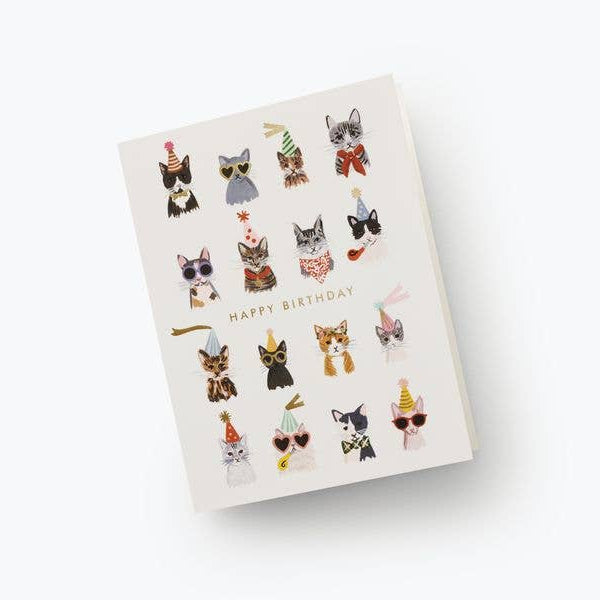 Sheet of decorative stickers with cat illustrations and 'Happy Birthday' text on a white background