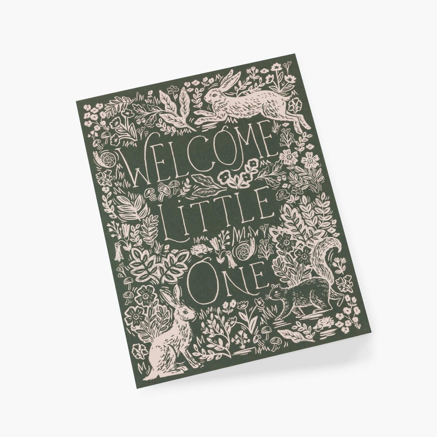 Decorative card with rabbit illustrations and 'Welcome Little One' text on a white background