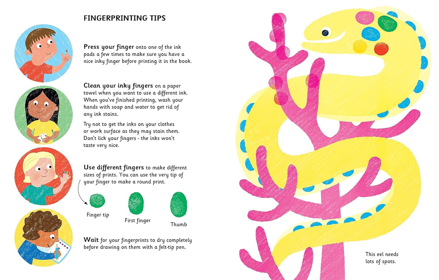 Colorful illustration of a snake with fingerprinting tips on a book page.