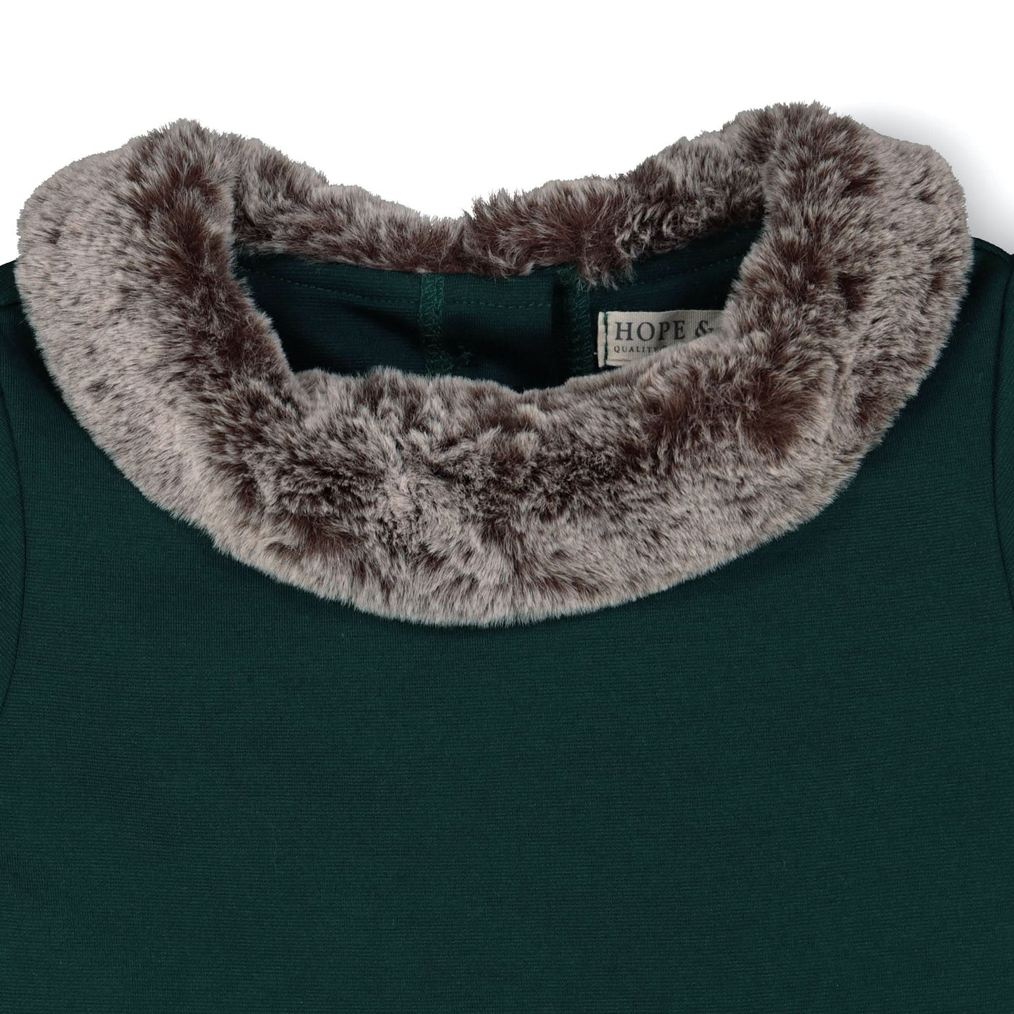 Green garment with a brown fur collar on a white background
