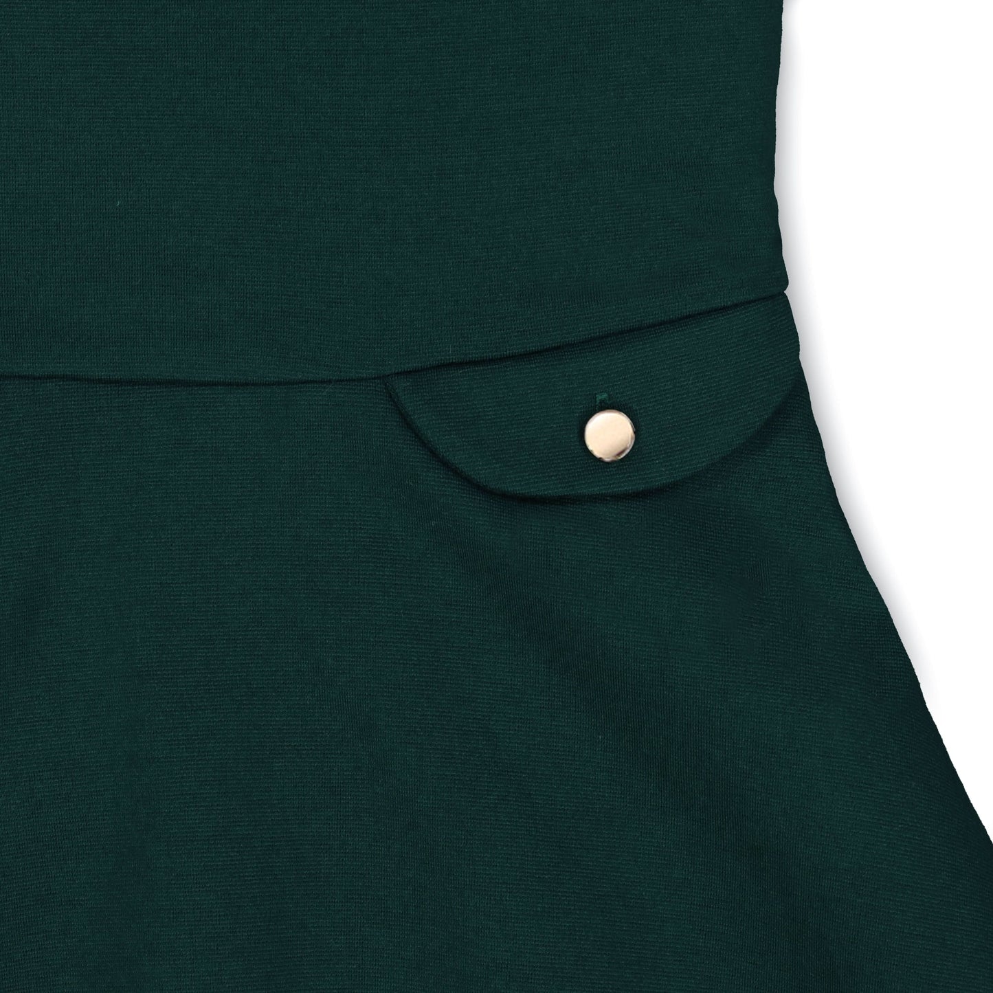 Close-up of a dark green garment with a button on a white background
