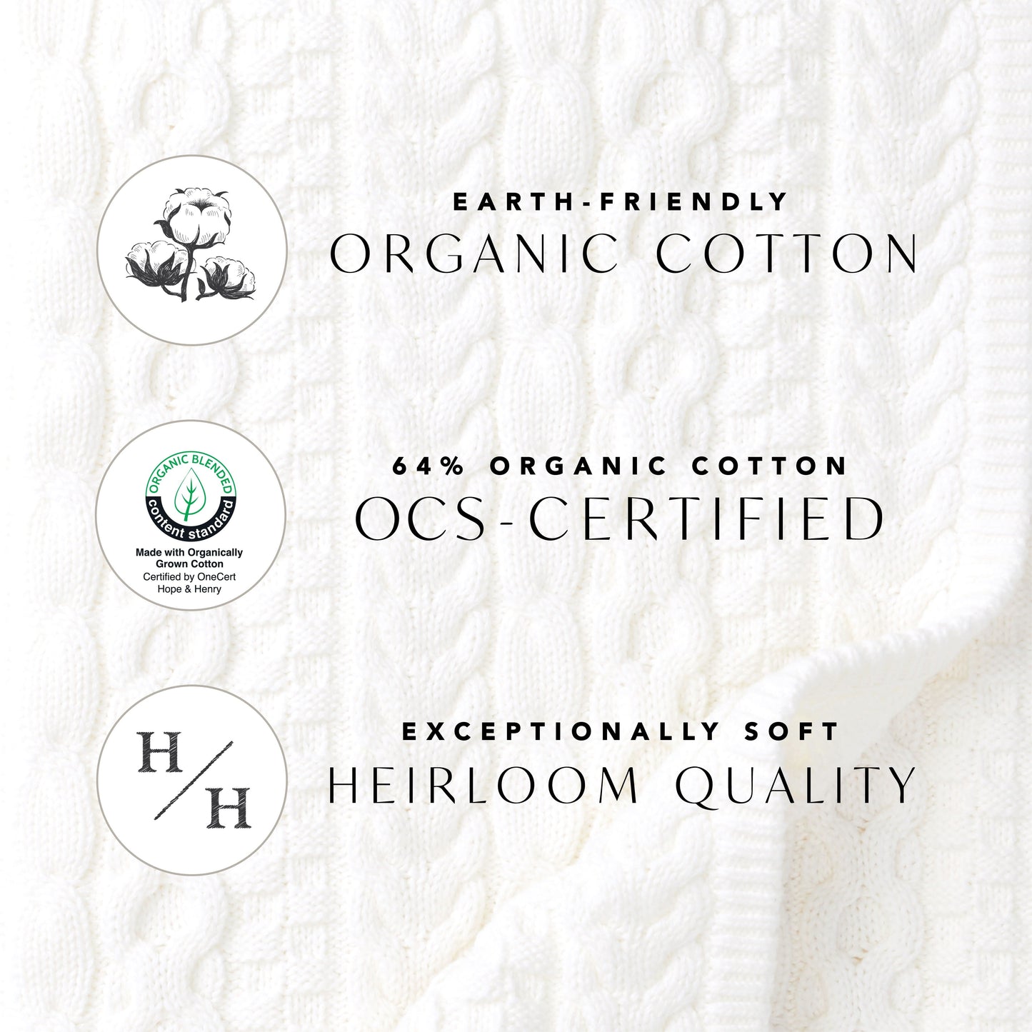 Text on organic cotton fabric highlighting certifications and quality attributes.