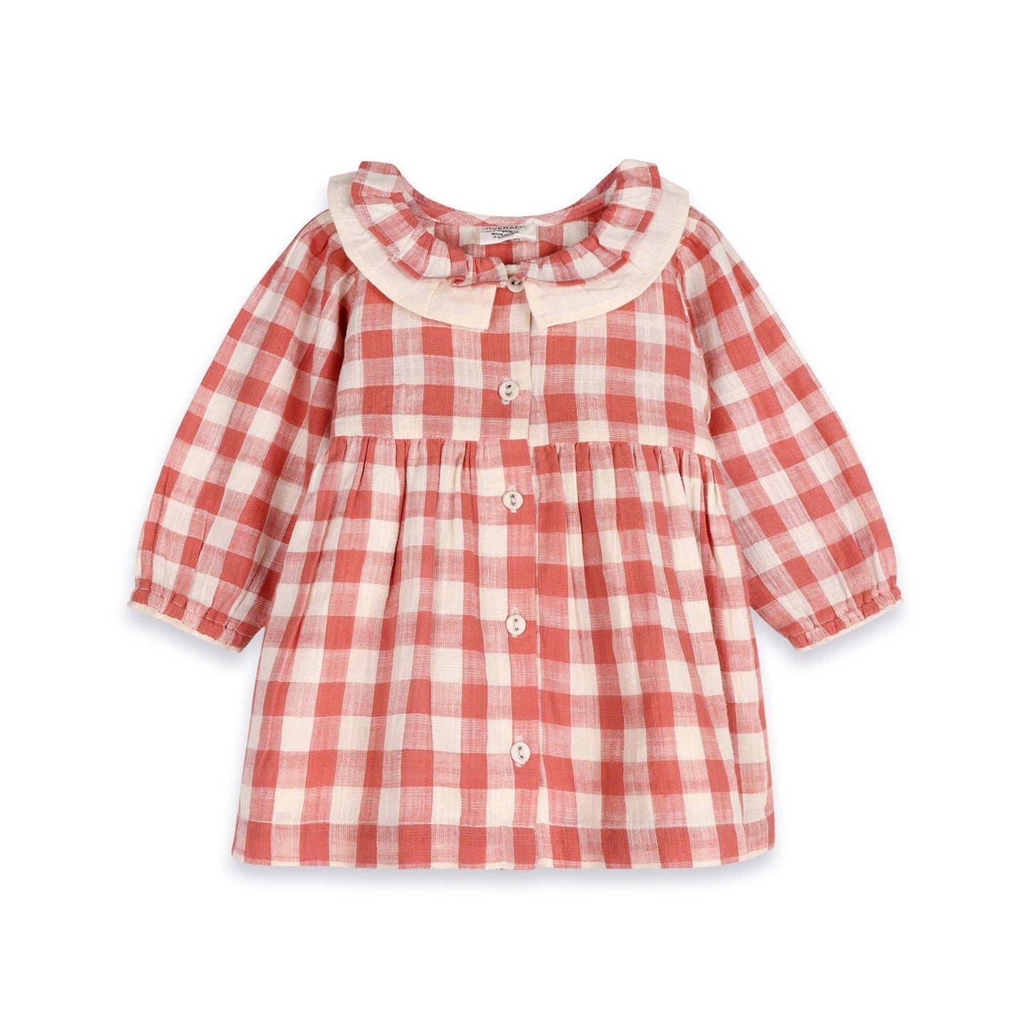 Red and white checkered dress with a ruffled collar on a white background