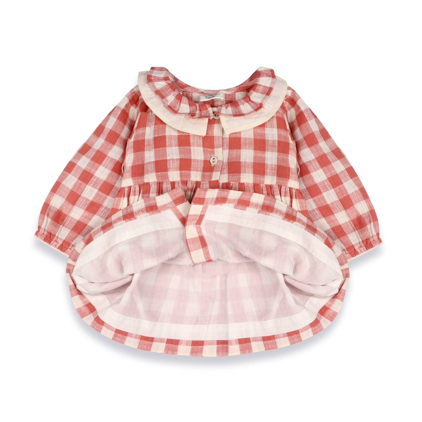 Red and white checkered dress with ruffled collar on a white background