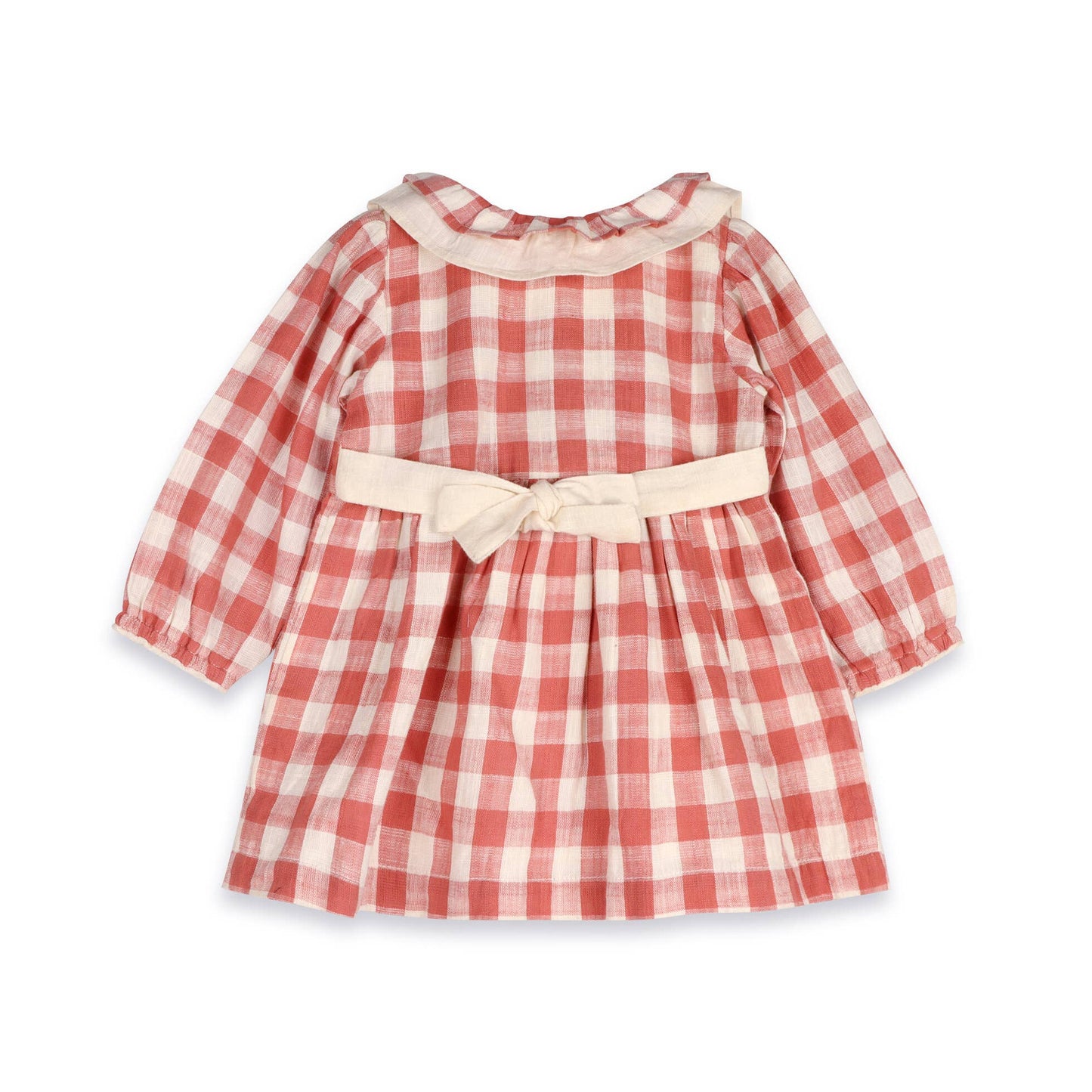 Red and white checkered dress with a bow on a white background