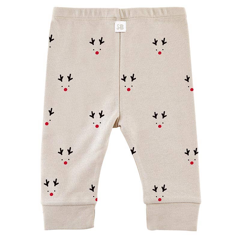 Beige baby leggings with reindeer pattern on a white background