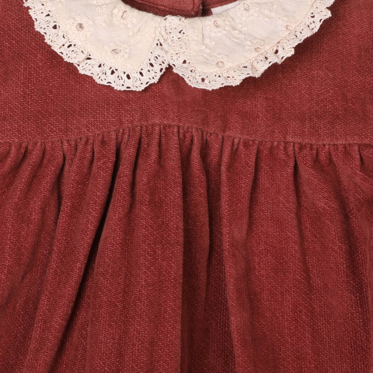 Close-up of a red dress with a white lace collar