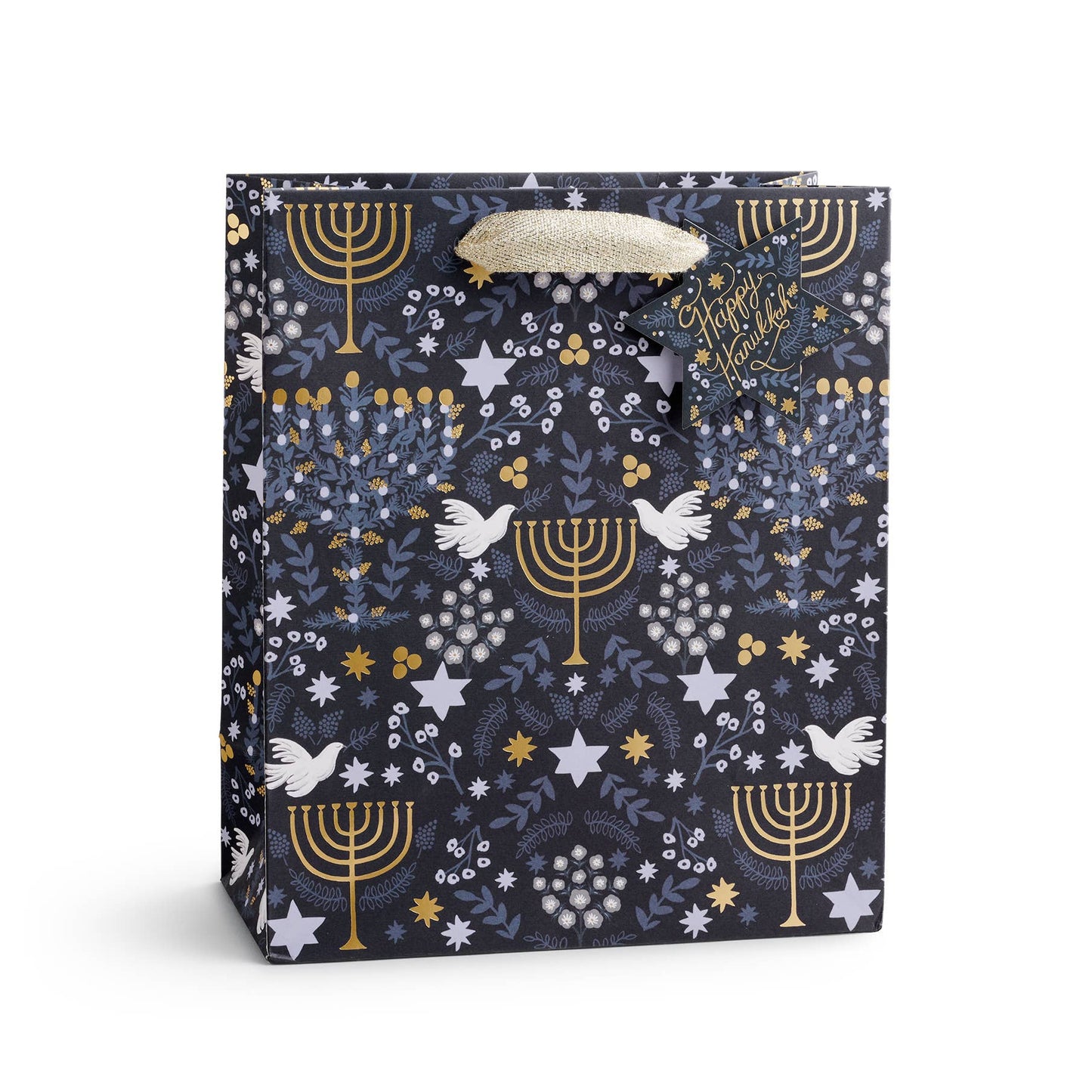 Gift bag with Menorah and Star of David pattern on a white background