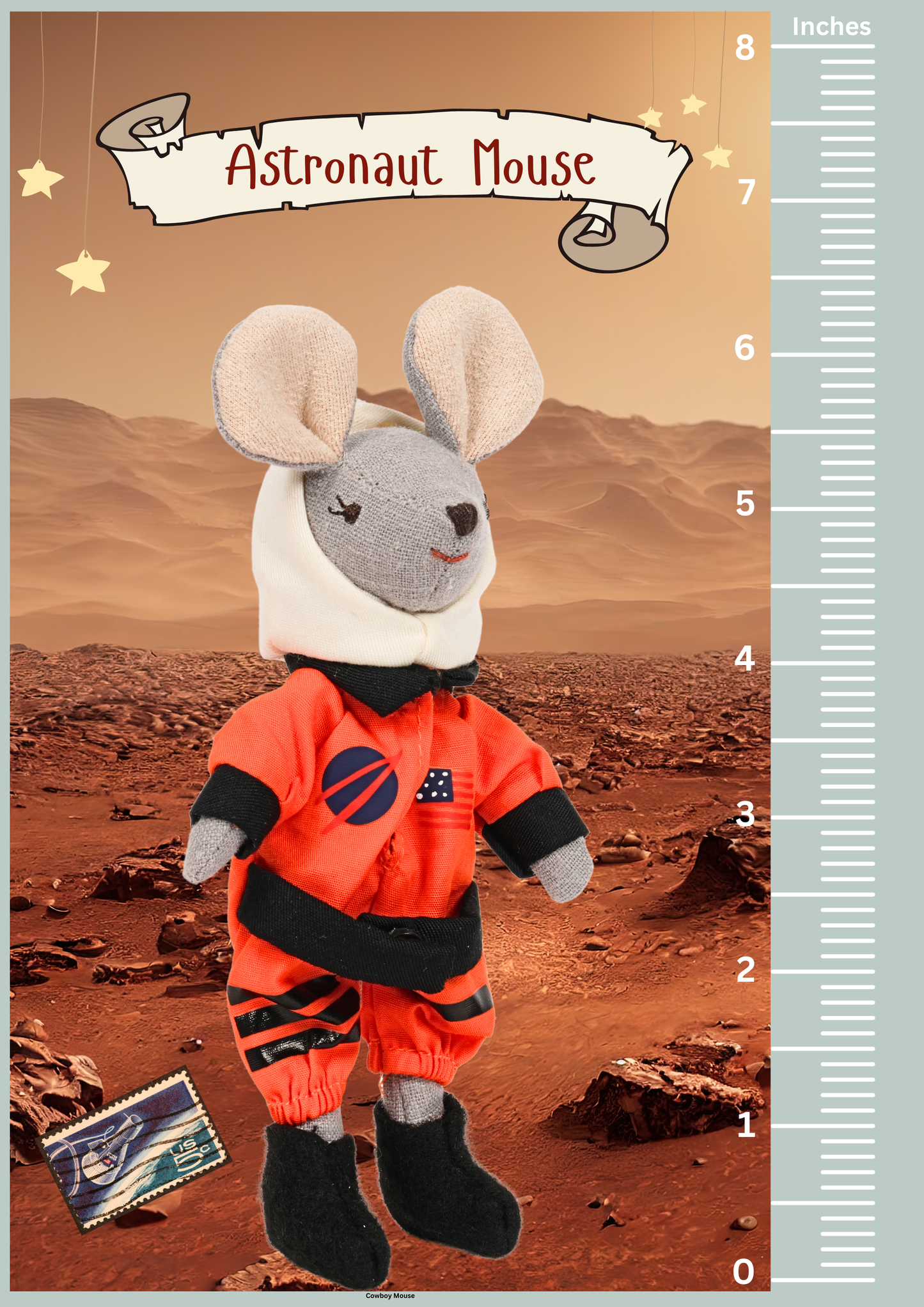 Plush toy mouse in an astronaut suit on a Martian landscape with a ruler for scale.