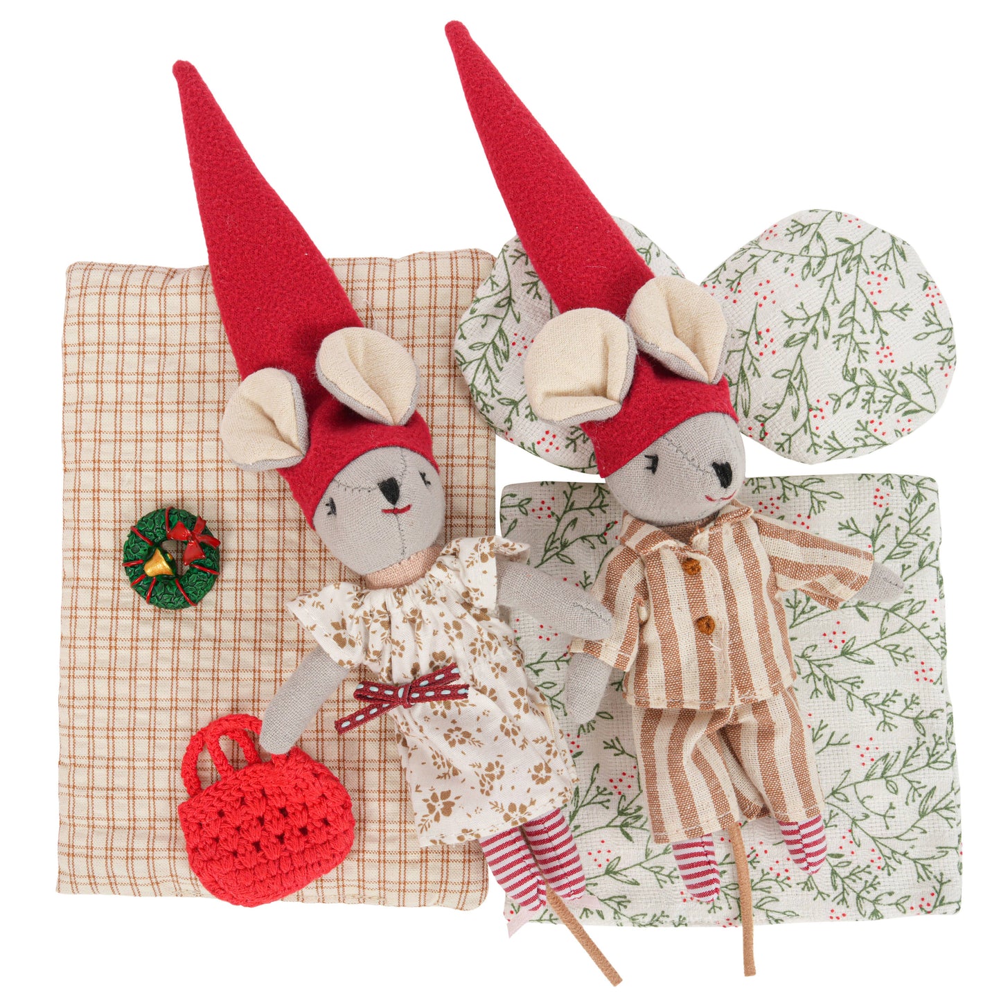Two mouse-like dolls with red hats on checkered and floral backgrounds
