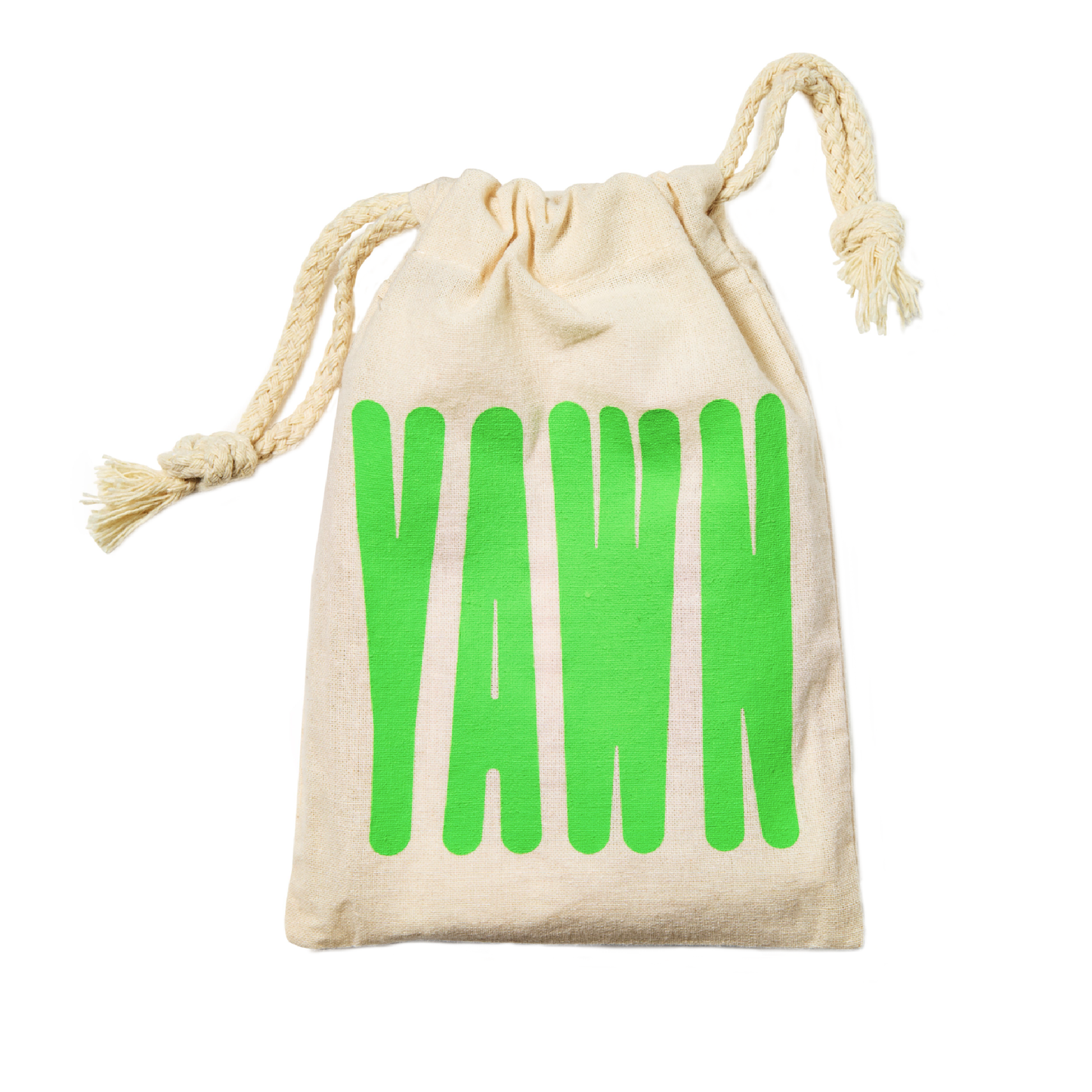 Beige drawstring bag with green 'VAN' text on a white background