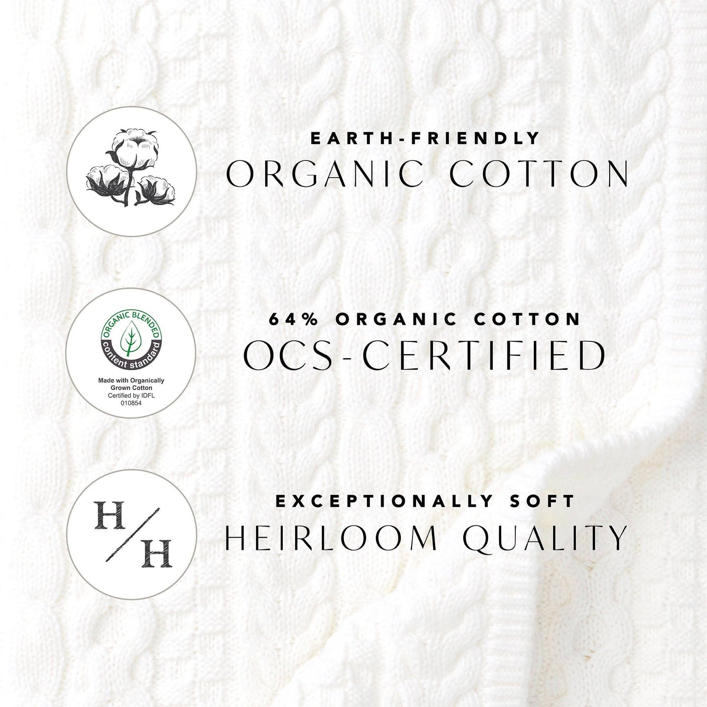 Text and logos about earth-friendly organic cotton with a white fabric background