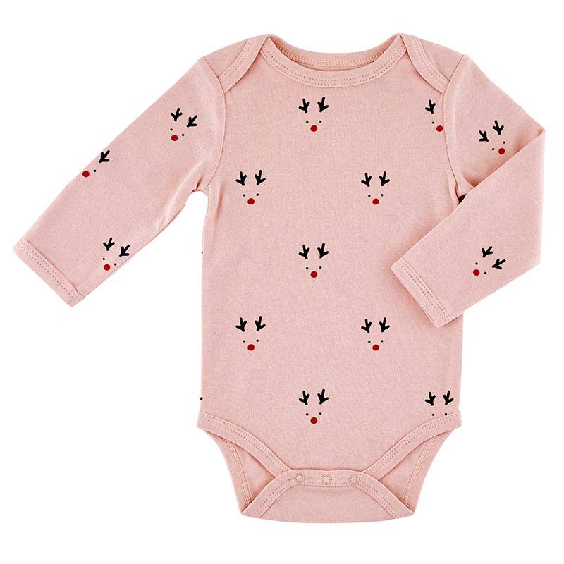 Pink baby onesie with reindeer pattern on a white background