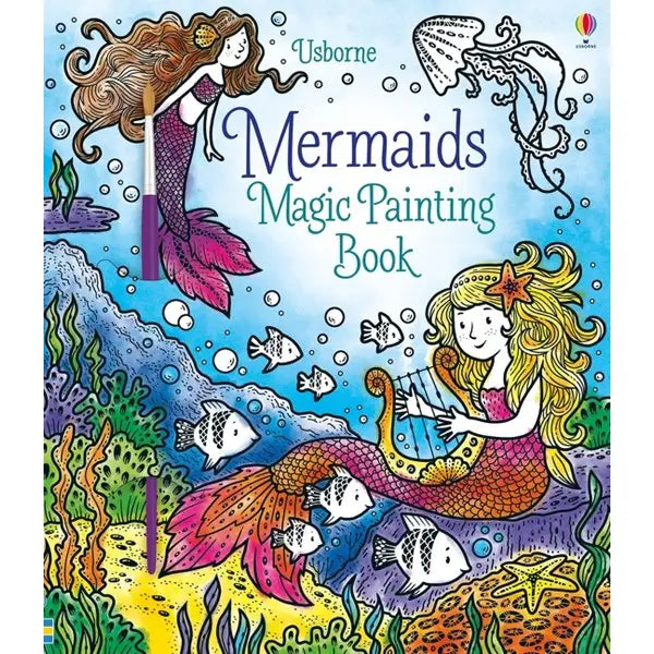 Book cover of 'Mermaids Magic Painting Book' by Usborne with mermaid illustrations and ocean elements.