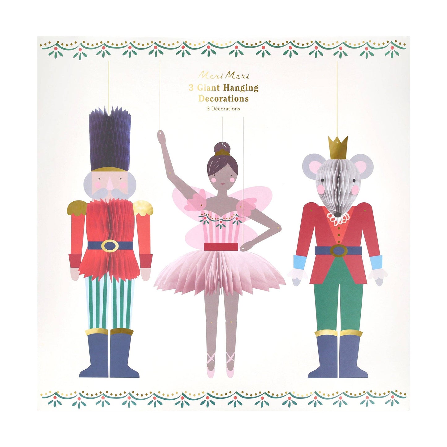 Three hanging decorations inspired by 'The Nutcracker' on a white background