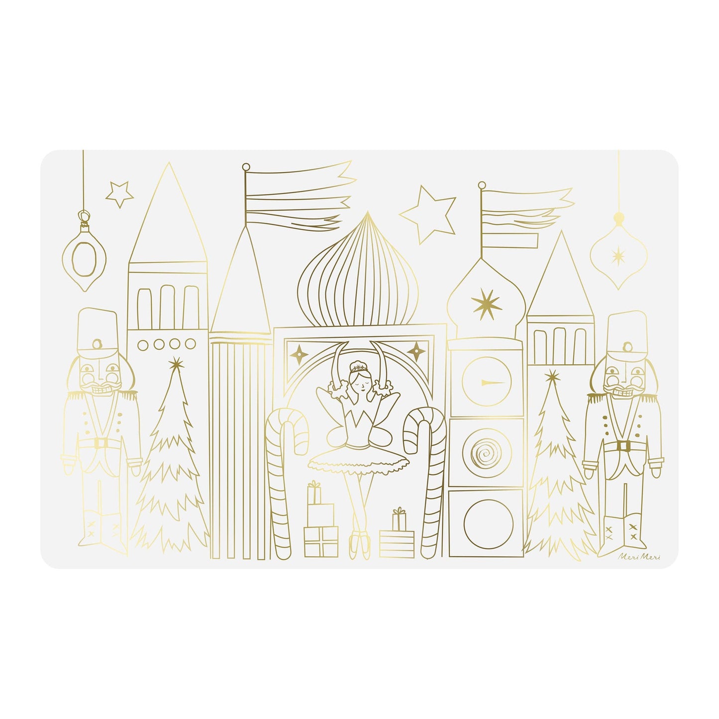 Decorative card with gold Christmas-themed illustrations on a white background