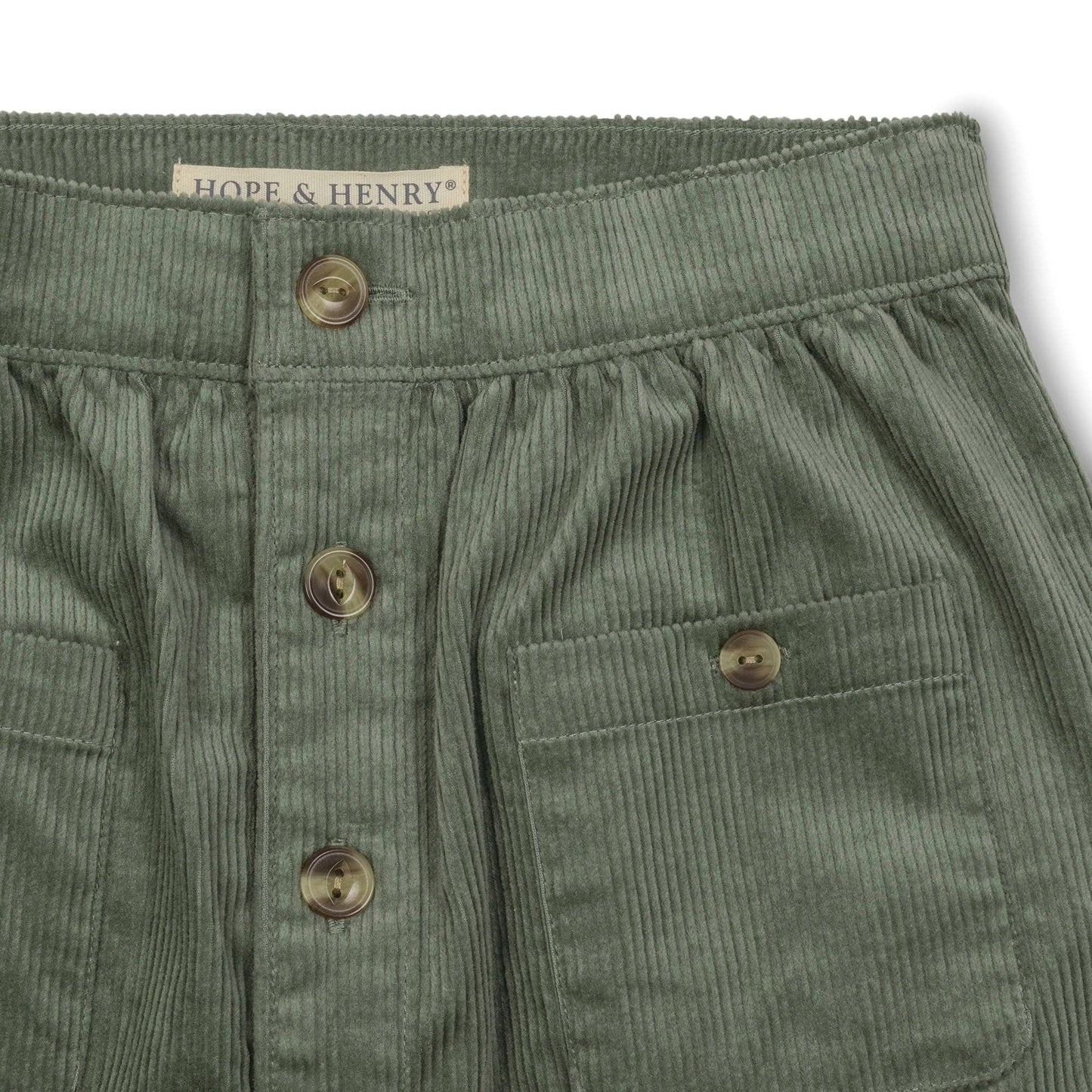 Green corduroy pants with button details and 'Hope & Henry' label on a white background