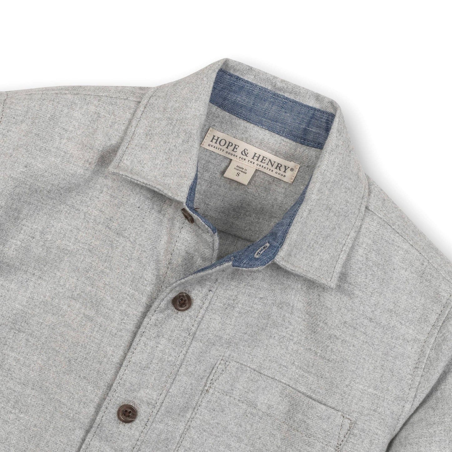 Gray shirt with blue collar and Hope & Henry label on a white background