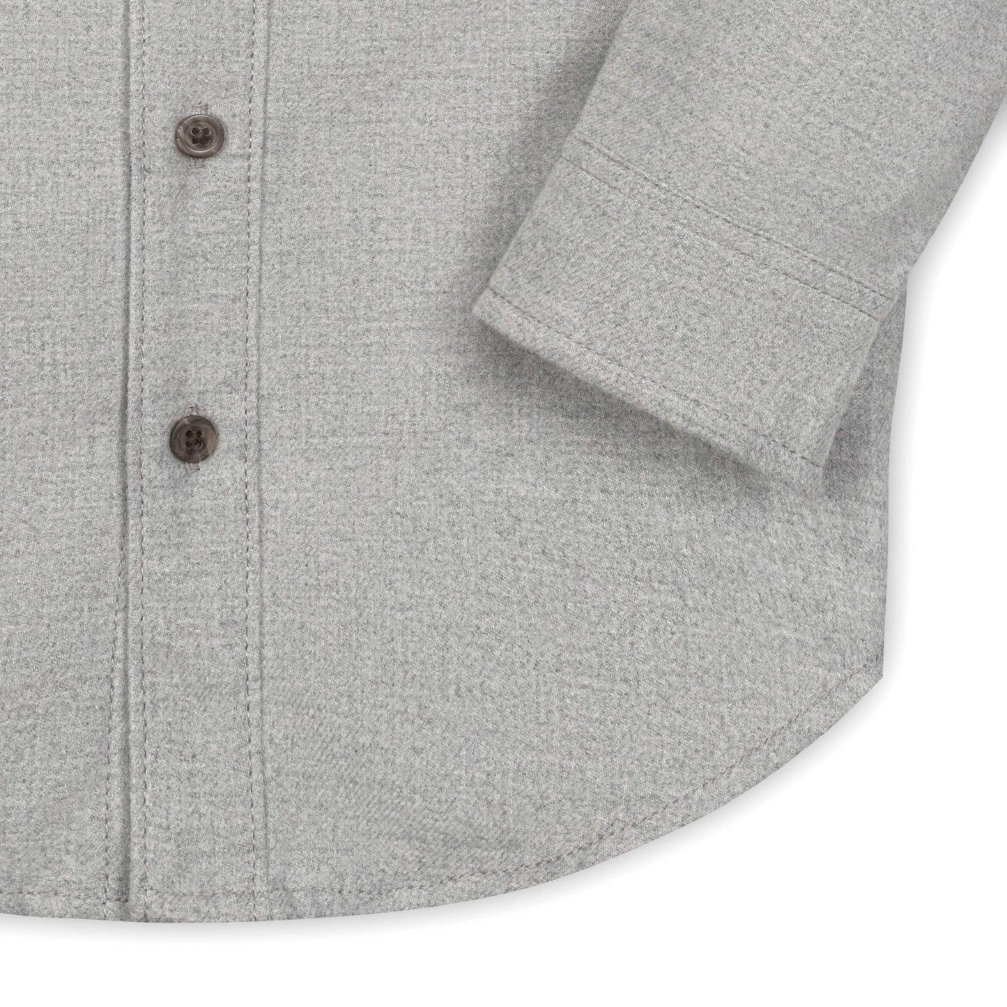 Close-up of a gray textured shirt with buttons on a white background