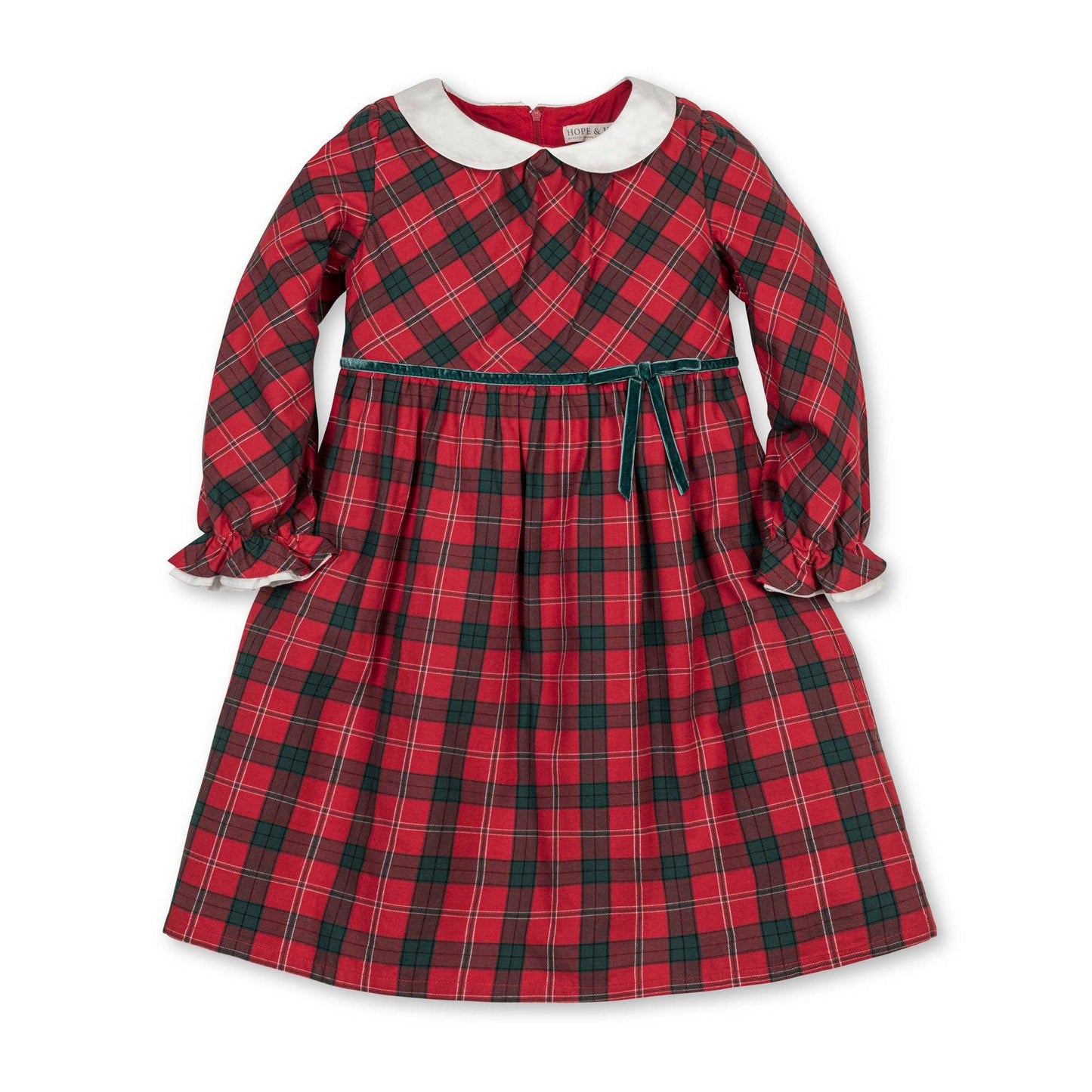 Red and green plaid dress with white collar on a white background
