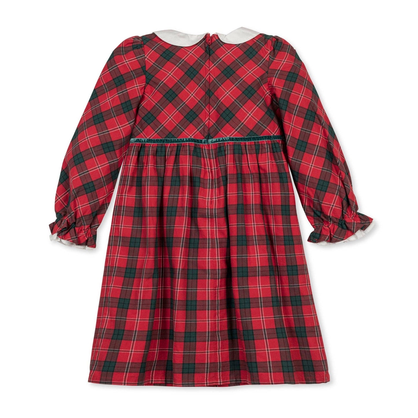 Red and green plaid dress with long sleeves on a white background