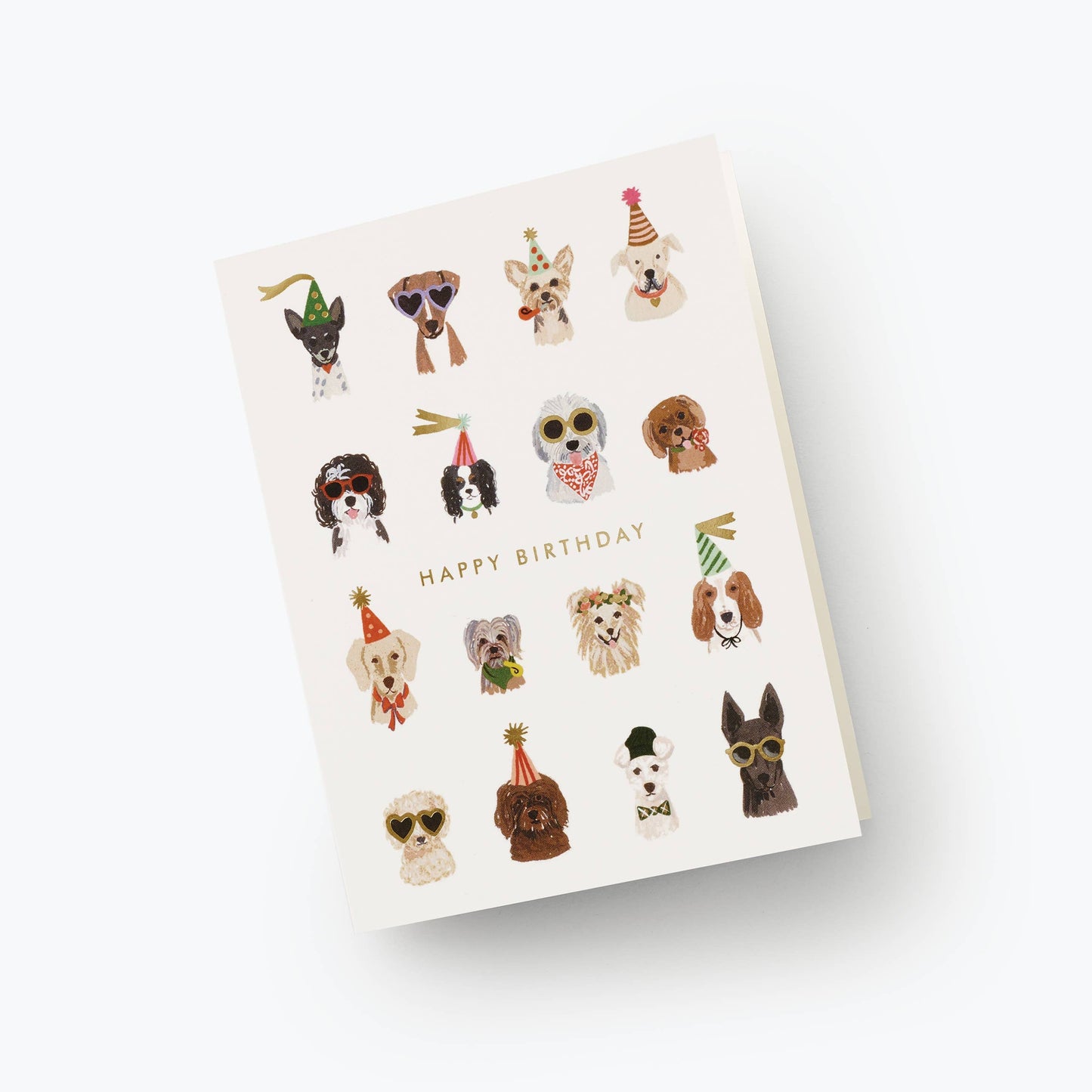 Greeting card with illustrations of dogs wearing birthday hats and accessories on a white background