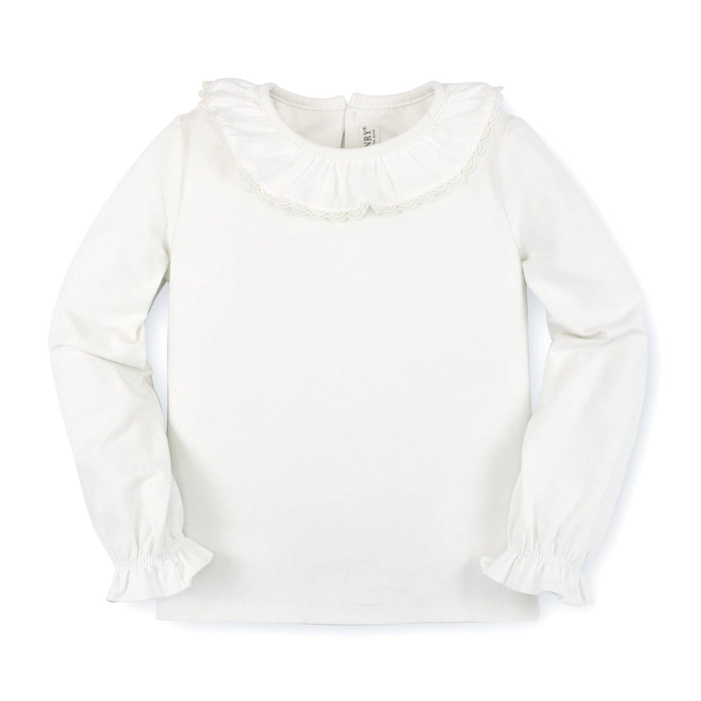 White blouse with ruffled collar and long sleeves on a white background