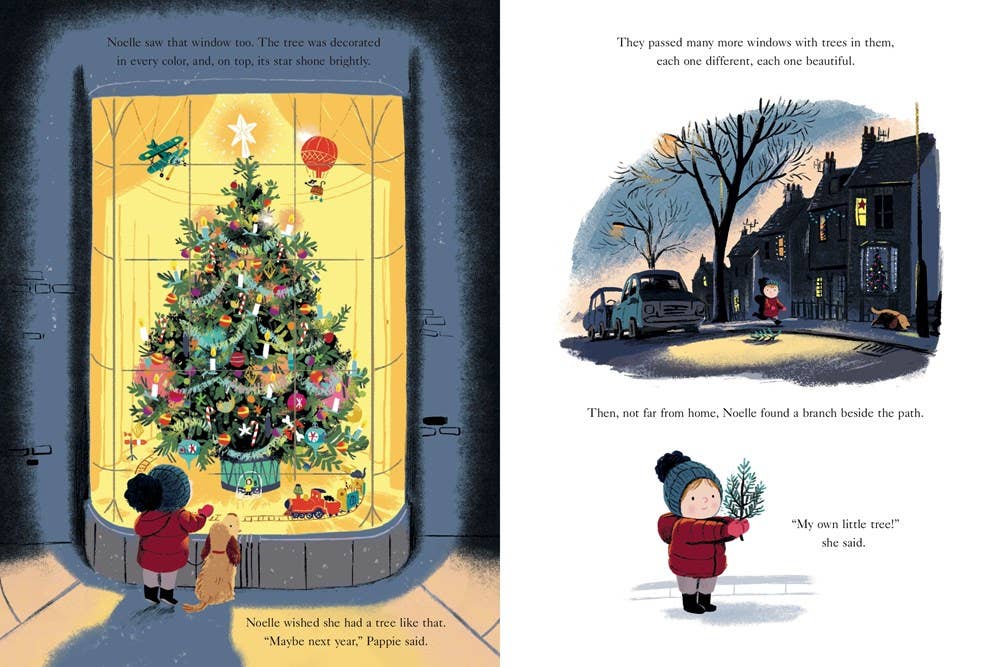Illustrated book pages showing a child looking at a decorated Christmas tree and another child with a small tree.