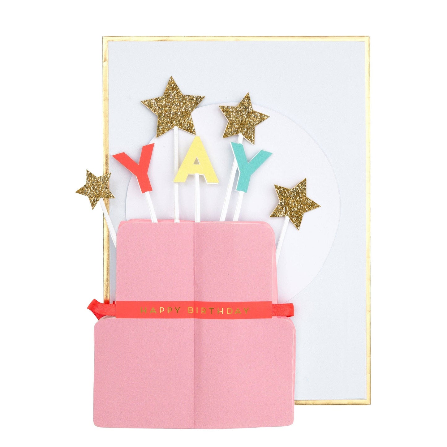 Pink birthday cake card with 'YAY' candles and gold stars on a white background