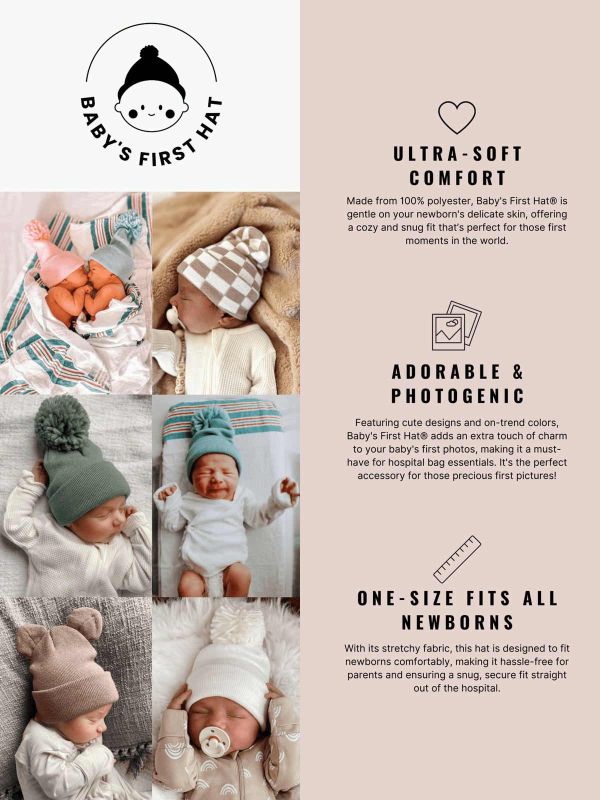 Baby's First Hat: Tan/Warm White Checkerboard - Bossy Beans