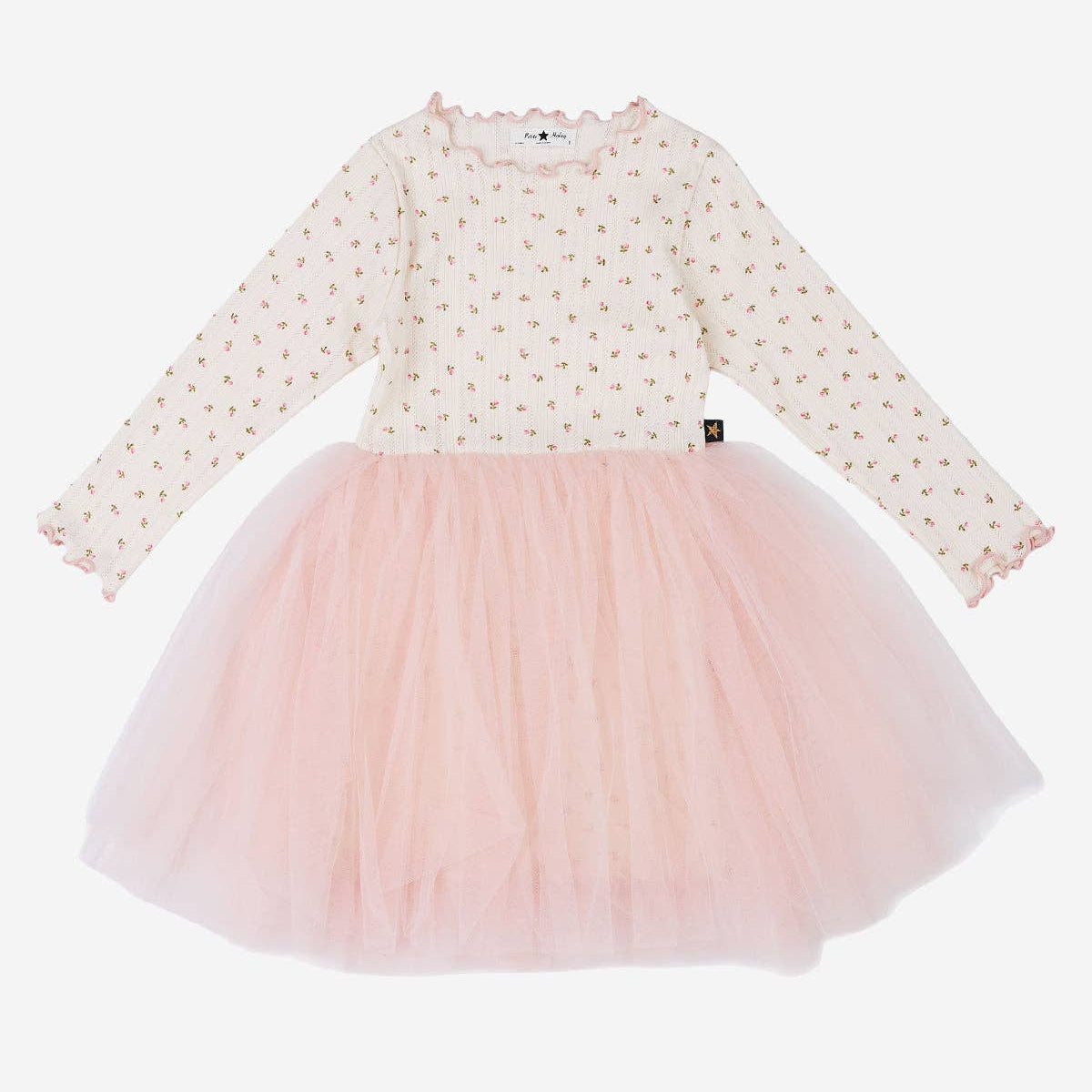 A long-sleeve baby girl's dress featuring a cream-colored top with a small gold pattern and a fluffy light pink tulle skirt, displayed on a clean white background.