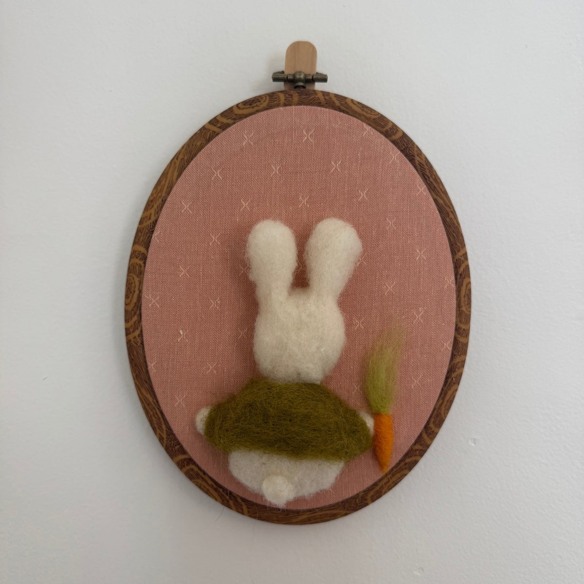 Needle Felted Bunny with Green Jacket on Pink Fabric - Hanging Wall Decor - Bossy Beans