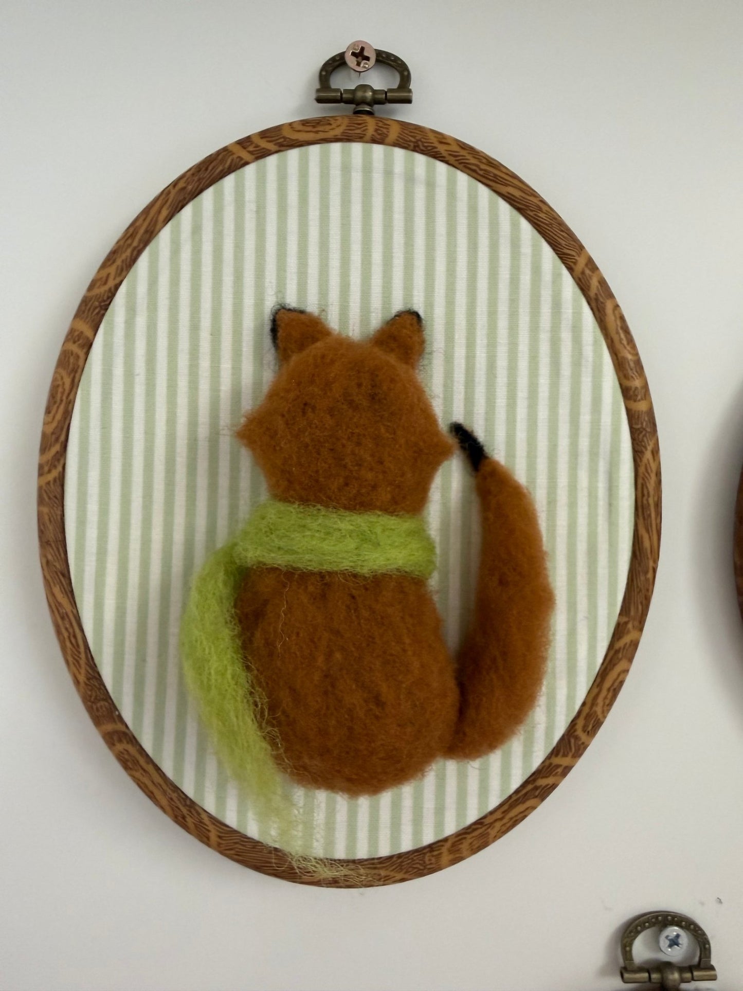 Needle Felted Fox with Green Scarf on Striped Green Background - Hanging Wall Decor - Bossy Beans