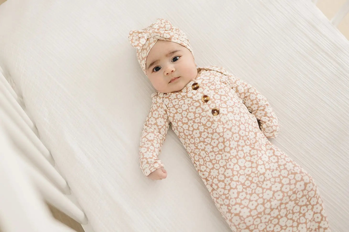Knotted Baby Gown + Turbie - Mocha Ditsy Floral