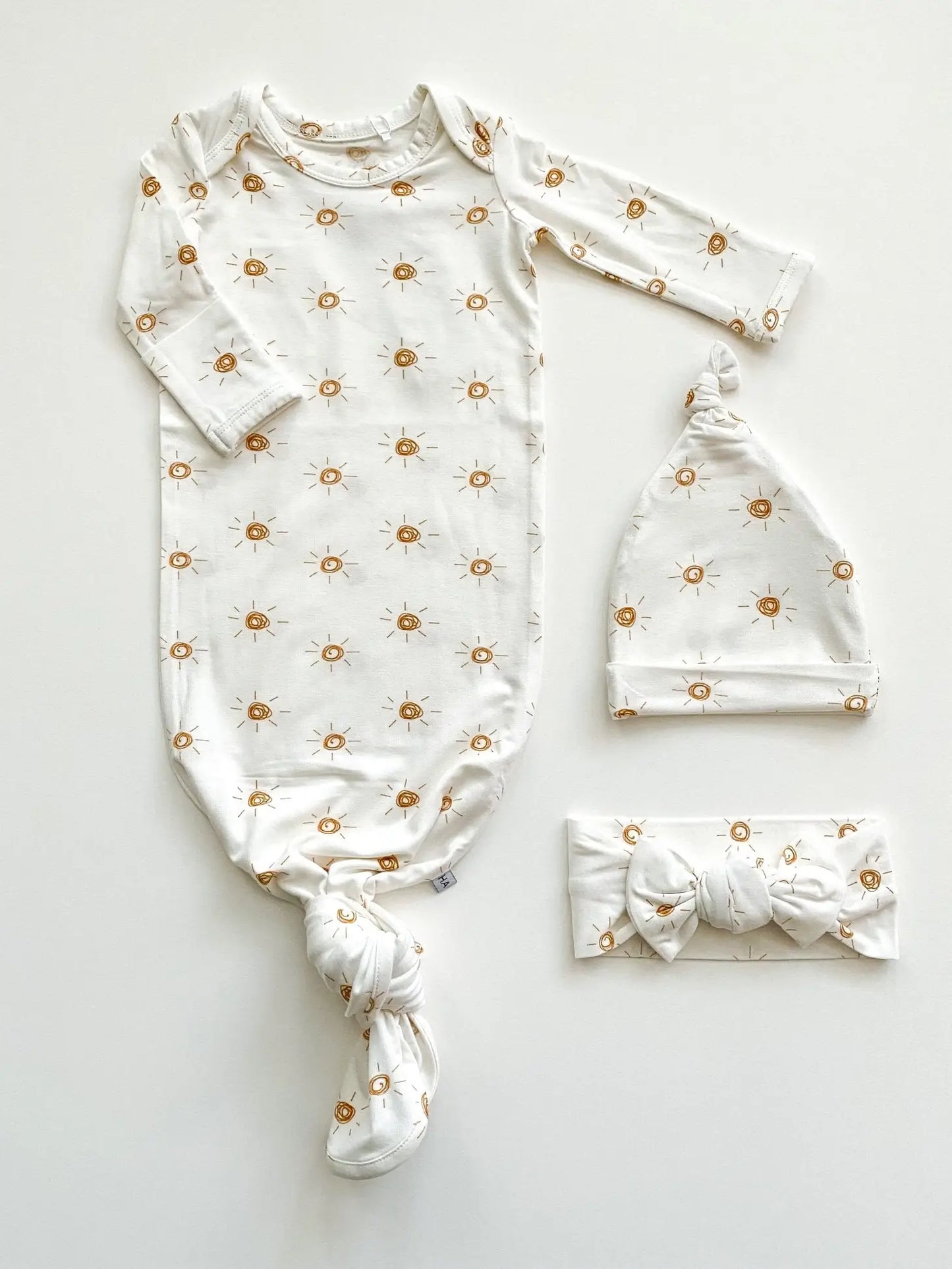 Knotted Baby Gown + Headband - Brown Suns