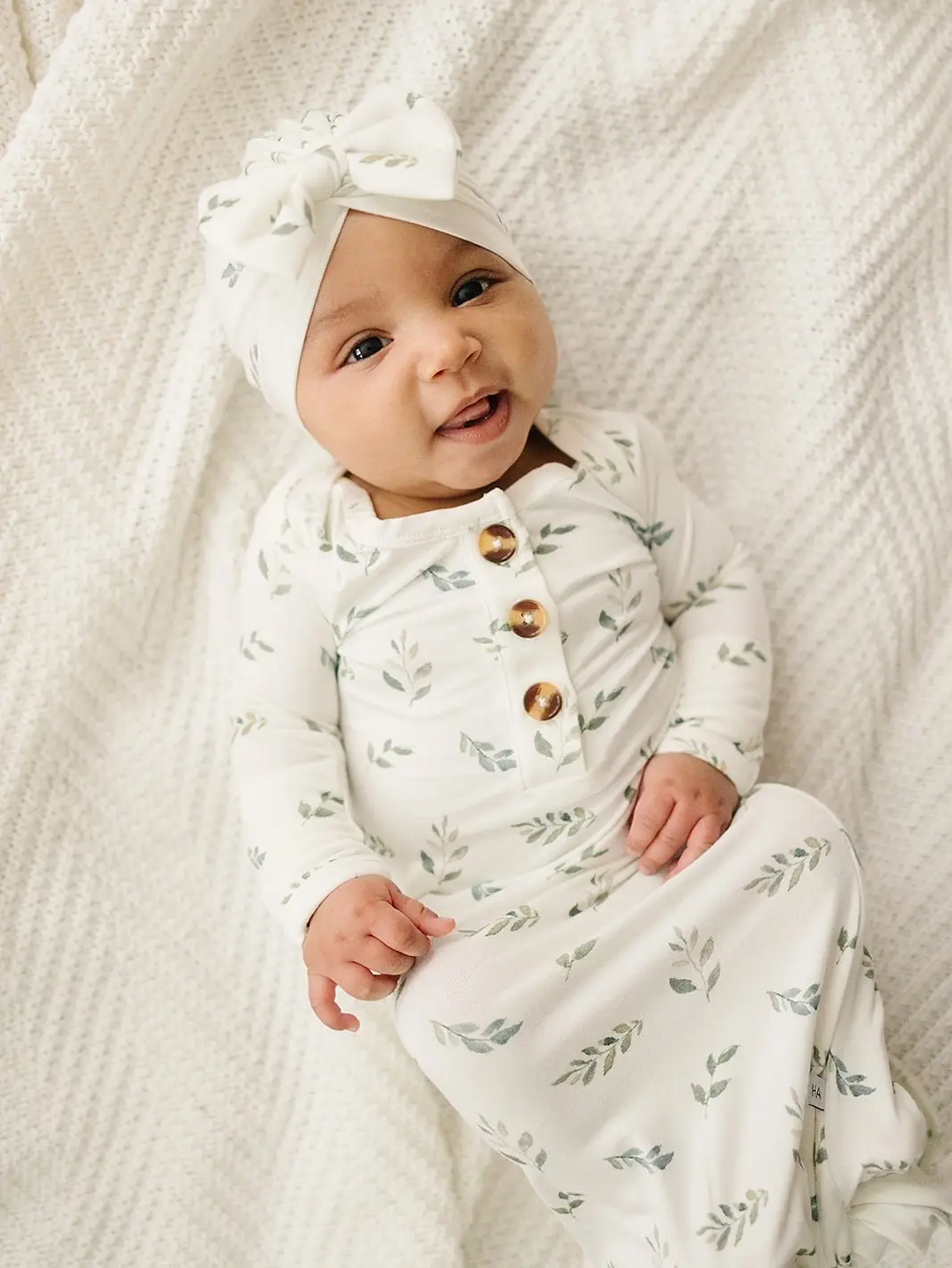 Knotted Baby Gown - Green Leaves